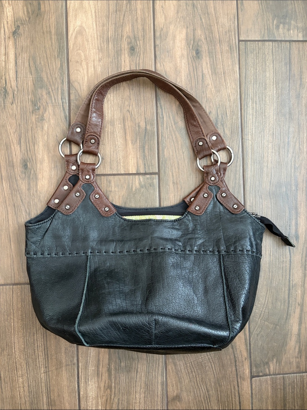 The Sak 100% Black Leather Shoulder Bag with Brown Straps